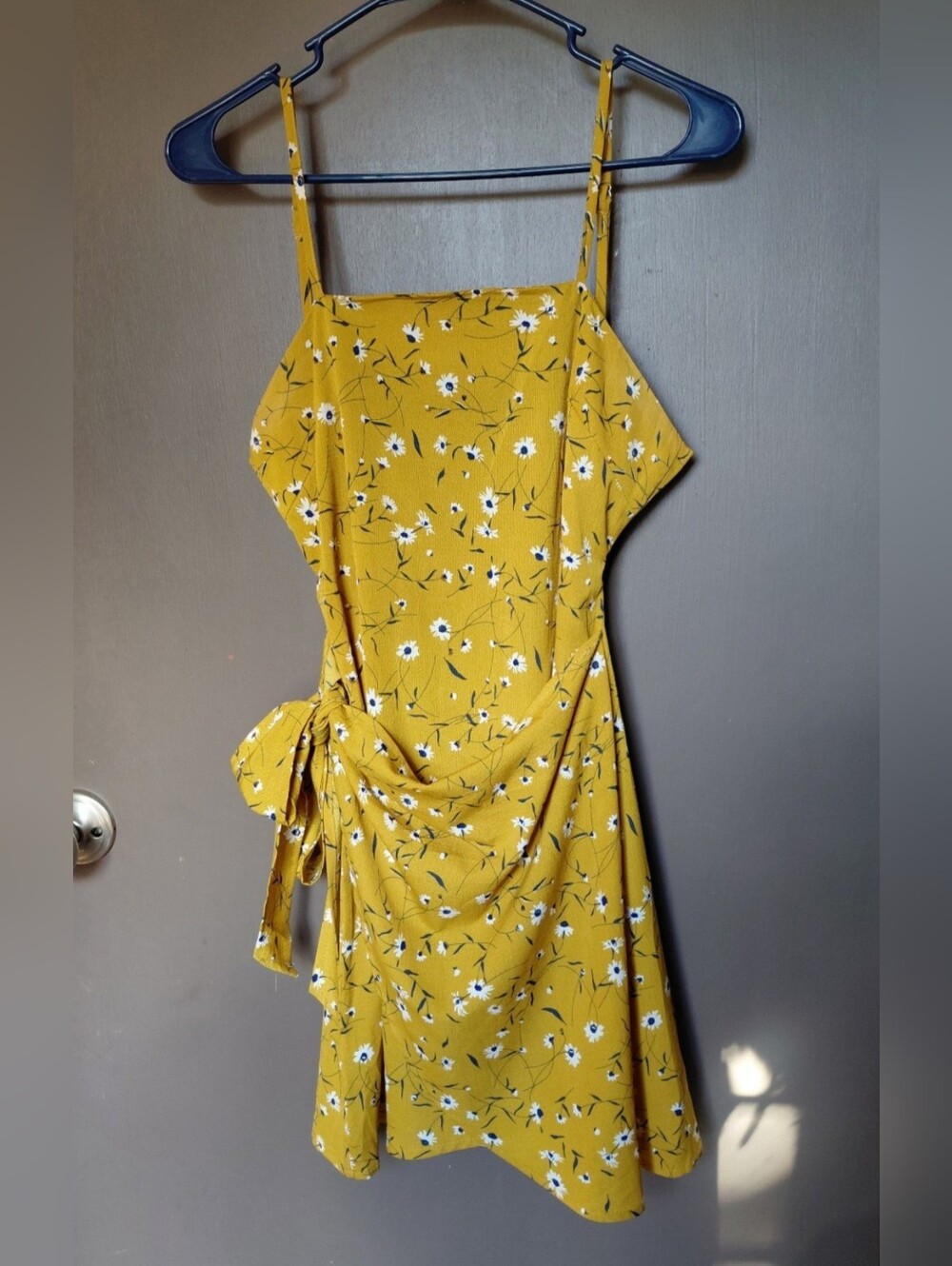 Yellow Floral Print Open-Back Mock Wrap Dress